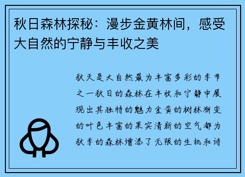 秋日森林探秘：漫步金黄林间，感受大自然的宁静与丰收之美